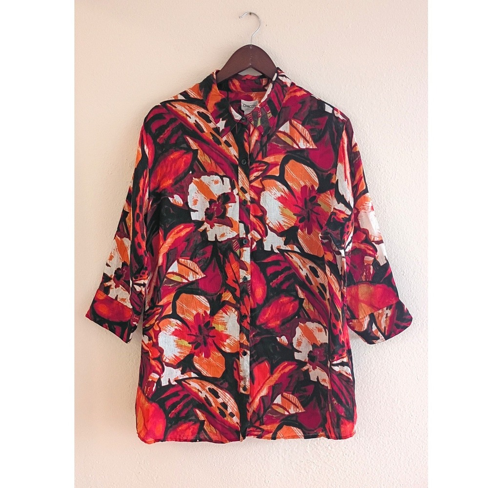 Chico's Women Red Black Tropical Floral Linen Button Down Shirt 3/4 Sleeve XL 3